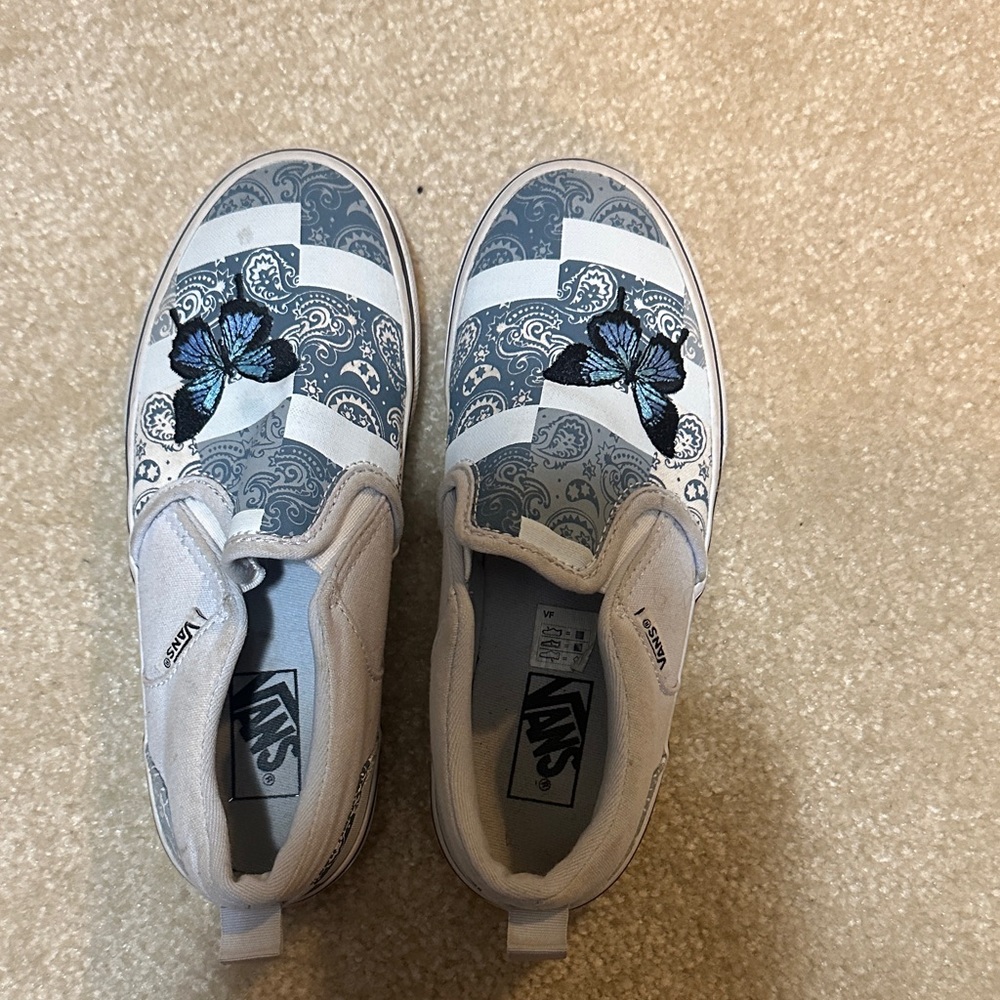 Vans Kids Slip-On Sneakers - Blue and Gray with Butterfly Design